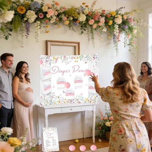 Wildflower Baby Shower Diaper Game Set Baby Shower Favor 1 Spring Floral Games Board Diapers 10 Pink Plastic Balls 1 Wildflower Game Instruction Sign for Flower Gender Reveal Games Decoration - Image 5