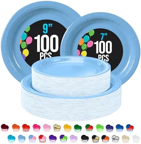 Party Solids Exquisite Light Blue Paper Plates Disposable Heavy Duty 200 Pcs - 100-7 & 100-9 Light Blue Disposable Plates for Party Heavy Duty 350 GSM for Birthday Supplies by PartySolids