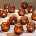 32 Pcs Amber Votive Candle Holders, Round Amber Glass Candle Holder with Polka Dot Embossed, Vintage Votive Candle Holders for Weddings, Home Decor, Baby Shower, Special Occasions by Reisen