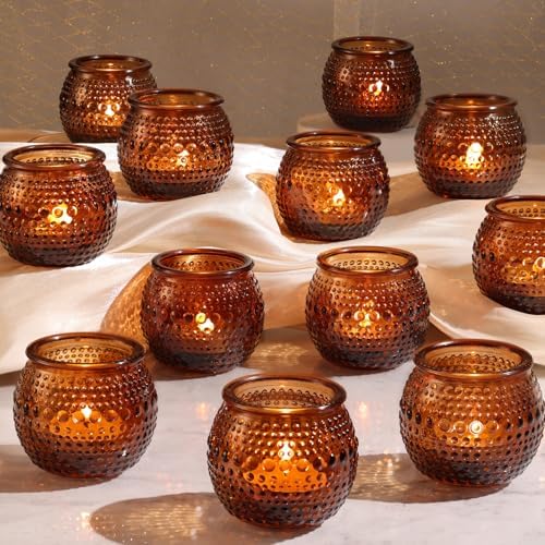 32 Pcs Amber Votive Candle Holders, Round Amber Glass Candle Holder with Polka Dot Embossed, Vintage Votive Candle Holders for Weddings, Home Decor, Baby Shower, Special Occasions by Reisen