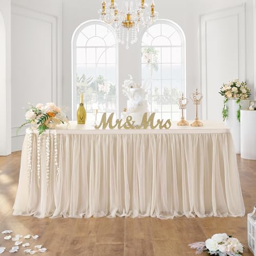 204in Champagne Gold Tulle Table Skirts for Rectangle Tables 8ft 6ft, 2-Layer Beige Ruffle Tulle Tutu Cloth Table Skirt 17ft for Wedding Party Birthday Baby Shower Cake Dessert(No Table Cover) by ENJOYYOURPARTY