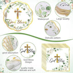 Ziliny 250 Pcs God Bless Baptism Party Tableware Set for 50 Guest First Holy Communion Decorations Sage Green Eucalyptus Leaves Paper Plates Napkins and Cups for Christening Baby Shower Religious - Image 3