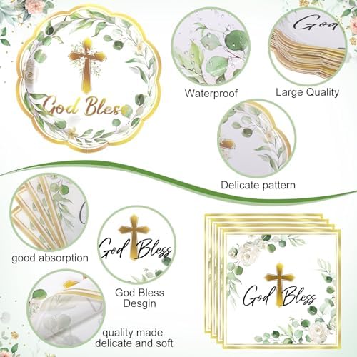 Ziliny 250 Pcs God Bless Baptism Party Tableware Set for 50 Guest First Holy Communion Decorations Sage Green Eucalyptus Leaves Paper Plates Napkins and Cups for Christening Baby Shower Religious - Image 3