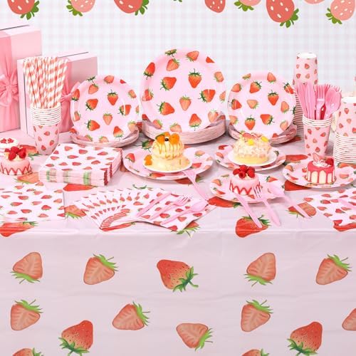 Funnymoom 452 Pcs Strawberry Party Supplies for 50 Guests, Strawberry Paper Plates Napkins Cups Tablecloth Cutlery Straws for Berry First Birthday Baby Shower Party Decorations - Image 6