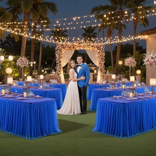 Blue Fitted Tablecloth Rectangle 8 Foot Stretch Elastic Tulle Ruffle Tablecloths Rectangular Spandex Table Covers 8ft Birthday Baby Shower Wedding Party Table Cloths with Skirt 4Pack - Image 3