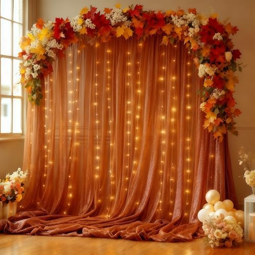 20x10FT Terracotta Wrinkle Free Backdrop Curtains with Lights String for Parties - Photo Curtain Backdrop with Lights for Wedding Decorations, Bridal Baby Shower Birthday Party Photography Background by WishCare