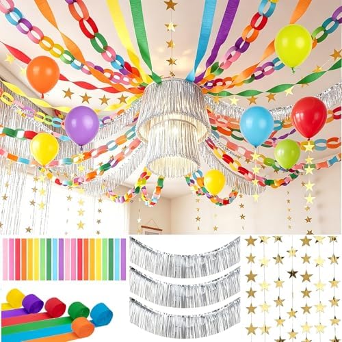 600 Sheets Rainbow Paper Chain Strips Garland Princess Birthday Party Decor Kit DIY Crafts Crepe Paper Streamer Glitter Star Fringe Chandelier Balloons for Wedding Birthday Classroom Decor by Tkifoda