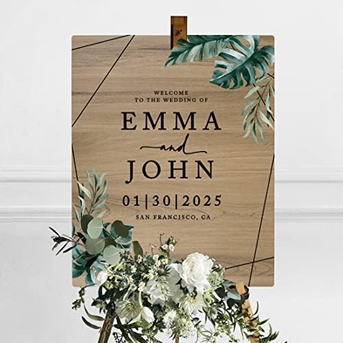 Andaz Press Large Wooden Welcome Sign for Wedding, Rustic Welcome Sign 16" x 20" Custom Names Tropical Monstera Palm Wedding Signage English Oak MDF Wood Finish Wedding Reception Indoor Outdoor Signs - Image 3