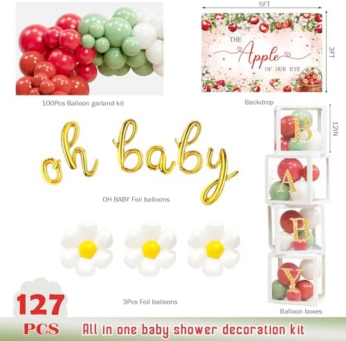 Costova Apple Baby Shower Decorations, Apple Of Our Eye Party Supplies with Balloon Boxes Red White & Green Balloons Apple Pattern Backdrop - Image 2