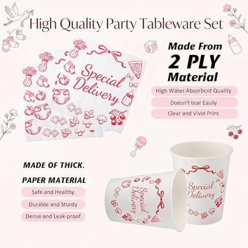 LemonRoad 175 Pcs Special Delivery Pizza Baby Shower Party Set Serves 25 Guests, 9'' Dinner Plates 7'' Dessert Plates 9oz Cups Red White Gender Neutral Disposable Tableware for New Baby Welcome Party - Image 3