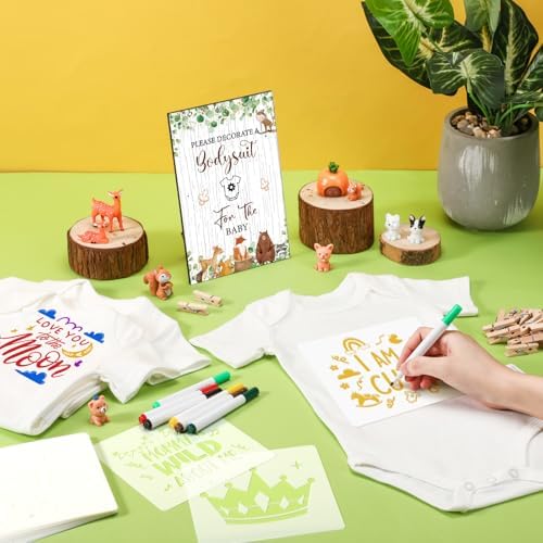 Panitay 126 Pcs Baby Shower DIY Bodysuit Set Bib 25 Blank White Newborn Bodysuit 25 Stencils 24 Marker 1 Sign 50 Pins(Woodland Animals) - Image 2