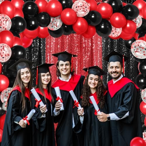 SmoothNovelty 137 Pcs 2026 Graduation Decoration Red Black Party Backdrop Kits - 4 Sequin Backdrop Curtain 133 Balloon Garland Kit Photo Prop Background for Prom Send Off Wedding Anniversary - Image 3