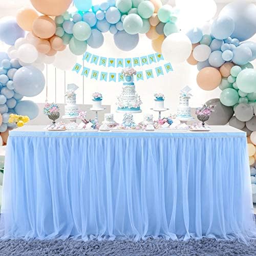 Suppromo 14ft Baby Blue Tulle Table Skirt for Baby Shower Boy Light Blue Tutu Table Cover for Birthday Party Baby Shark Gender Reveal Boy Elephant Theme Cake Table Decorations - Image 2
