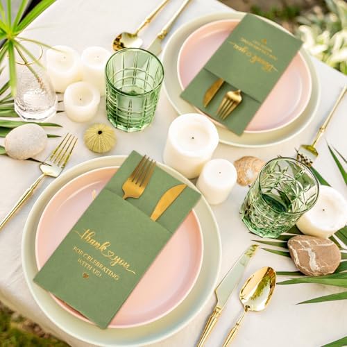 FYSUIMU 100 Pcs Wedding Linen Feel Napkins Sage Green Gold Foil Pocket Disposable Flatware Airlaid Paper Napkin Prefolded Dinner Guest Hand Towel For Wedding Engagement Bridal Baby Shower Party Decor - Image 6