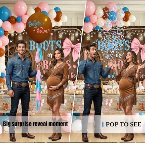 Boots or Bows Gender Reveal Decorations Kit, 7x5ft Polyester Backdrop - Image 5