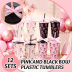 Skylety 24 Pcs Black and Pink Bow Plastic Cups with Lid Straw and Ribbon - Image 4