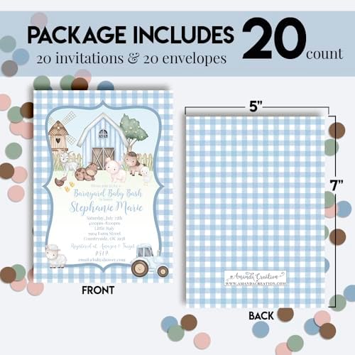 Amanda Creation Personalized Baby Shower Invitations, 20 Custom 5x7 Custom Baby Shower Invitations Boy Barnyard Theme with Envelopes - Image 4