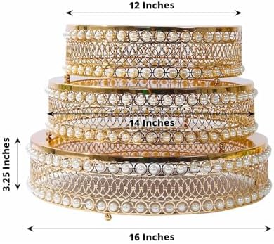 3 Gold Pearl Beaded Metal Cake Stands Mirror Top Wedding Party Events Reception Catering Home Decorations Supplies - Image 4