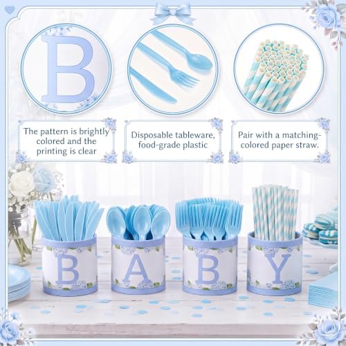 Domensi 204 Pcs Baby Shower Disposable Cutlery Set Utensil Holders, Blue - Image 3