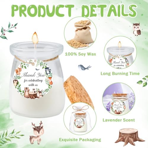 24Pcs Baby Shower Candle Jungle Party Favors Lavender Scented Glass Jars Wax Candle Bulk with Thank You Cards Organza Bags for Guests Boy Girl Birthday Gender Reveal Gift Souvenirs (Jungle, 24) - Image 3