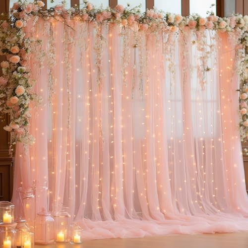 10x8ft Peach Tulle Backdrop Curtain with Lights String for Parites, Sheer Backdrop Drapes for Wedding Baby Shower Birthday Party Photo Shoot Decorations by Partisky