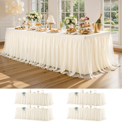 Wish Care 4 Pack Ivory Tulle Tablecloth for 8 Foot Rectangle Tables Stretch Fitted Rectangular Table Cloth 8ft Wrinkle Free Ruffle Elastic Table Cover Tutu Skirt for Wedding Birthday Party Baby Shower by WishCare