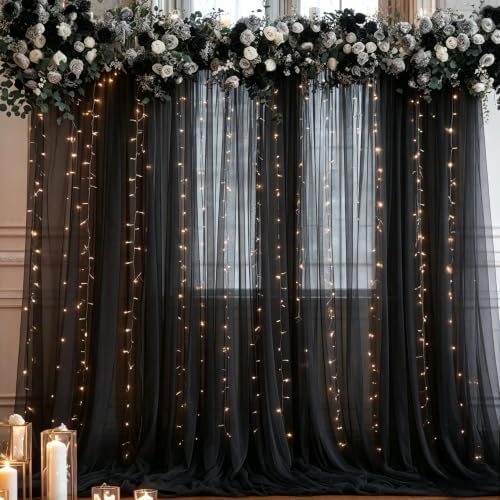 10ft x 10ft Black Backdrop Curtain with Lights String for Parties, Sheer Tulle Wedding Photo Backdrops Drapes for Baby Shower Birthday Party Decorations Background for Photography - Image 3