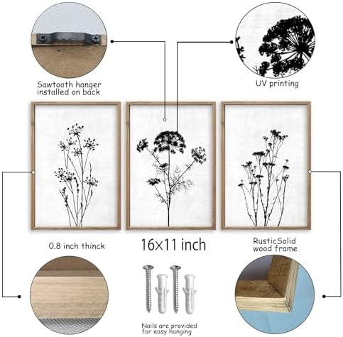 flowtorely Flower Plant Wall Art Decor 16"x11" Set of 3 Black And White - Image 2