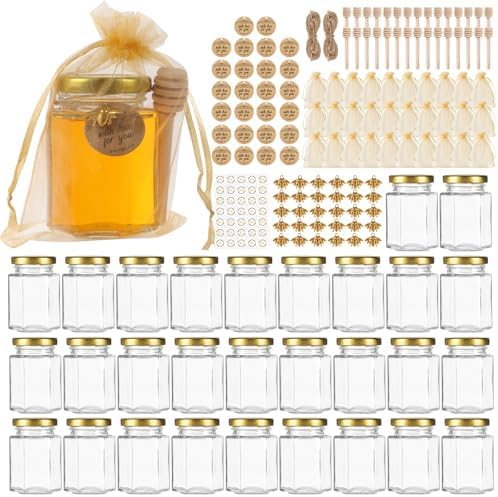 4 oz Hexagon Glass Honey Jars 30 Pack, Gold Lids with Dipper & Jute by TOEKSIX