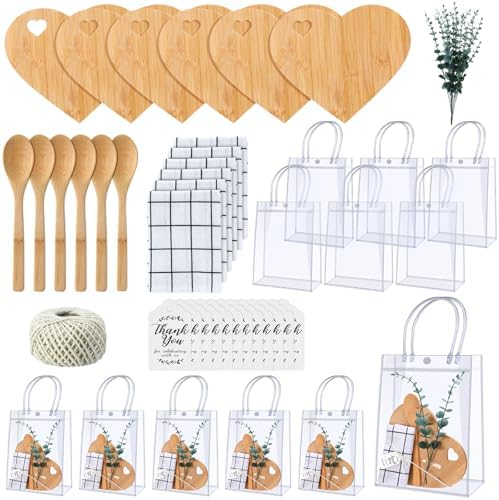 Teenyyou 43 Pcs Baby Shower Game Prizes for Winner Bamboo Cheese Board Spoon Plaid Towel Artificial Eucalyptus Stems Thank You Tag Card Gift Bag for Guest Baby Bridal Shower Wedding Favors(Heart) by Teenyyou