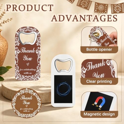 50 Set Wedding Favors for Guests Cielito Lindo Party Favors Brown Fridge Magnet Bottle Opener Thanks Cards with Organza Bags Wedding Thank You Gifts Bulk for Bridal Baby Shower Decorations - Image 3