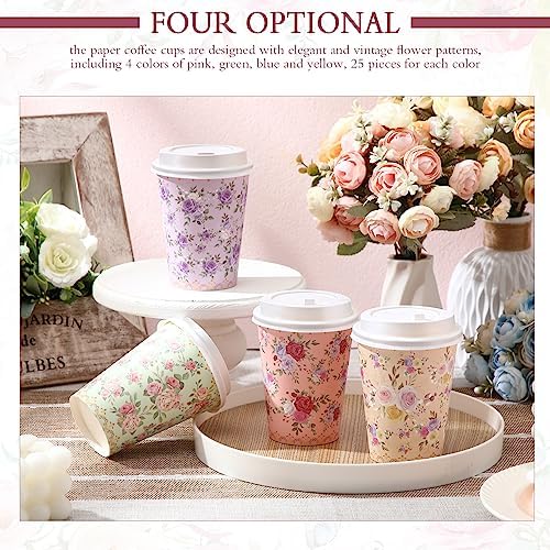 Remerry 100 Pcs 12oz Floral Disposable Coffee Cups with 100 Lids and 100 Sleeves Paper Insulated Drink Hot Coffee Paper Cups with Dome Lids and Sleeves for Parties Wedding Baby Shower(Retro) - Image 4