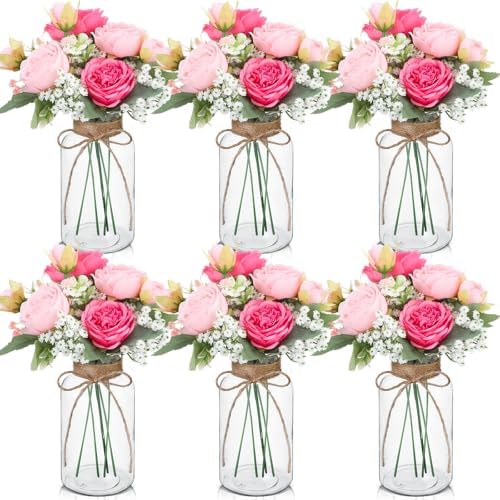 Zeyune 6 Sets Mason Jar Table Centerpiece with Artificial Peony Baby's Breath Flower Centerpieces Faux Flowers with Rope for Wedding Reception Engagement Bridal Shower Rustic Table Decor(Pink) by Zeyune