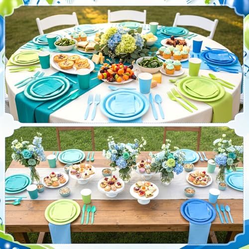 Mimorou 175 Pcs Green and Teal Plates Cups Napkins Utensils Blue - Image 6