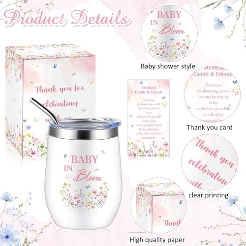 Hoolerry 6 Set Baby Shower Cups, 12oz Stainless Steel Tumbler, Wildflowers - Image 3