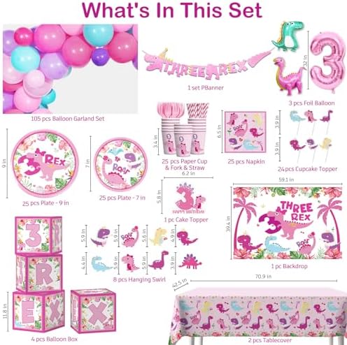 314Pcs Three Rex Birthday Decorations Serves 25 Guests, All-in-One Pink Dinosaur Birthday Decorations Includes Balloon Arch Kit, Banner, Plates, Balloons Box, Tablecloth, Cake Topper - Image 2