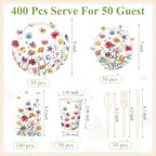 400 Pcs Wild Floral Disposable Paper Plates Napkins Cups Serve 50 Watercolor Floral Tableware Set for Spring Wedding Tea Party Decoration Bridal Shower Baby Shower(Cute Color,Novel Style) - Image 3