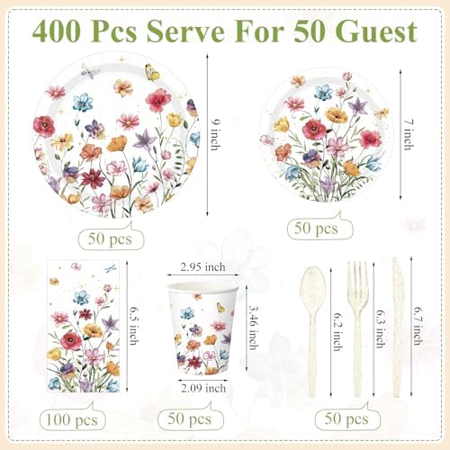400 Pcs Wild Floral Disposable Paper Plates Napkins Cups Serve 50 Watercolor Floral Tableware Set for Spring Wedding Tea Party Decoration Bridal Shower Baby Shower(Cute Color,Novel Style) - Image 3