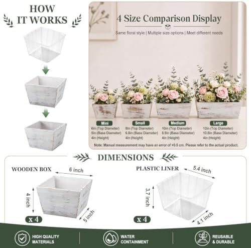 Dandat 4 Set 6 Inch Wooden Flower Box Rustic Table Centerpieces,White - Image 2