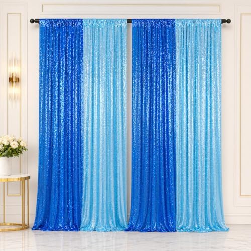 ShinyBeauty Baby Blue & Blue Sequin Backdrop 4 Panels Photo Curtains 2x8FT - Image 3