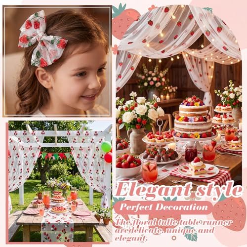 Mindsoft 3 Pcs Strawberry Table Runner, 10ft Tablecloth Strawberry Party Decorations Gauze Embroidery Tulle Lace Runner, for Table Wedding Birthday Bridal Baby Shower Holiday Dining Decor DIY - Image 3
