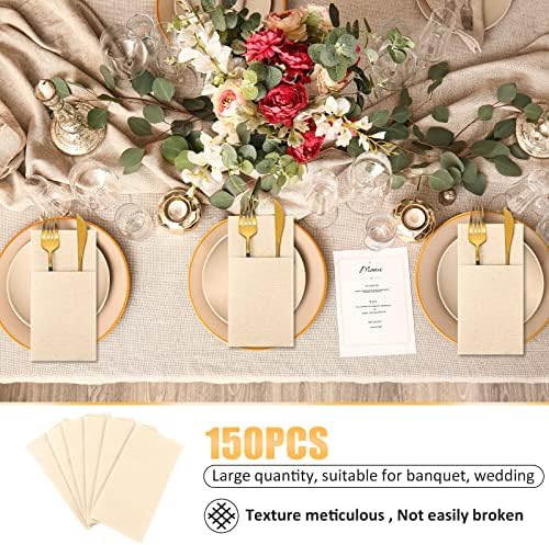 Cindeer 150 Pcs Champagne Linen Dinner Napkins with Built in Flatware - Image 5