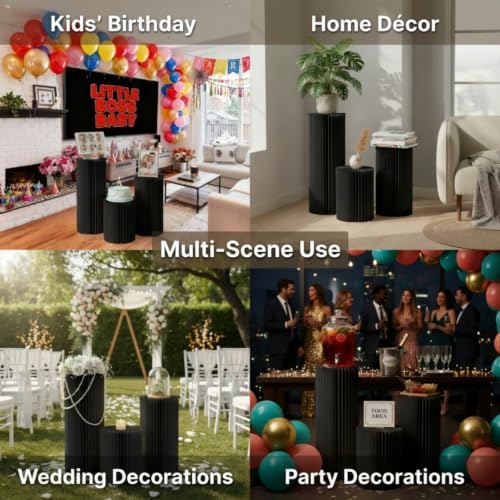 Cylinder Stands for Party, Shape&Use 3PCS Round Black Pedestal Display Stands, Foldable Cardboard Columns for Wedding, Birthday, Anniversary Decor, 11.8in Dia. (15.7/23.6/31.5in H) with Storage Bag - Image 3