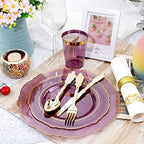 KIRE 210Pcs Purple Plastic Plates with Gold Rim& Silverware &Cups&Hand Napkin - Baroque Clear Plastic Dinnerware for Upscale Wedding/Parties Plates - Image 5