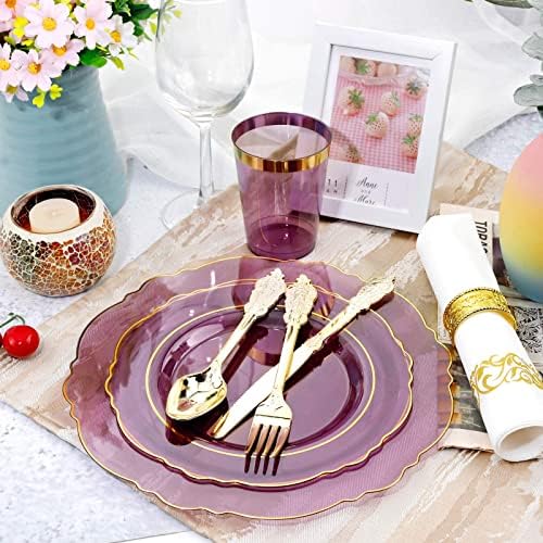 KIRE 210Pcs Purple Plastic Plates with Gold Rim& Silverware &Cups&Hand Napkin - Baroque Clear Plastic Dinnerware for Upscale Wedding/Parties Plates - Image 5