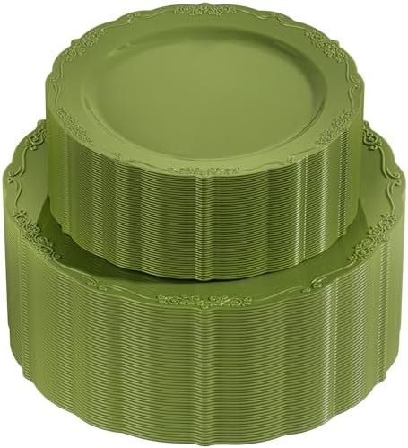 U-QE 100PCS Olive Green Plastic Plates - Plastic Green Plates Disposable by U-QE
