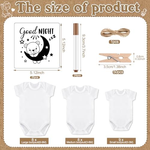 Panitay 126 Pcs Baby Shower DIY Bodysuit Set Bib 25 Blank White Newborn Bodysuit 25 Stencils 24 Marker 1 Sign 50 Pins(Kraft) - Image 4