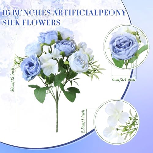 Geosar 16 Bundles Artificial Peonies Flowers,Gradient Blue - Image 2