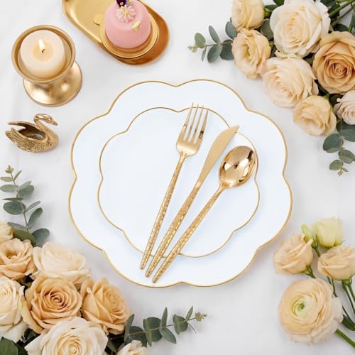 LIYH White Gold Rim 150 Pcs Heavy Duty Plastic Plates Silverware Wedding - Image 2