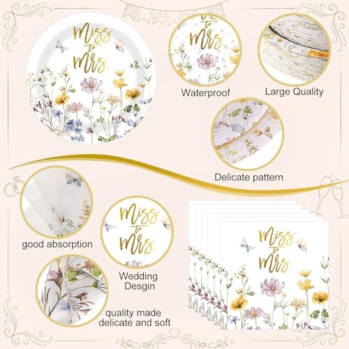 LemonRoad 452 Pcs Miss to Mrs Floral Bridal Shower Decorations for 50, Wildflower Bridal Shower Paper Plates Napkins Cups Tablecloth Cutlery Straws for Wedding Bachelorette Engagement Party Supplies - Image 3